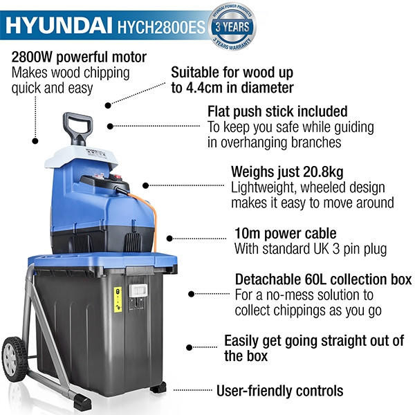 Hyundai Hyundai 2800w Quiet Electric Garden Shredder 2.8kW 230v 60L Collector HYCH2800ES - Image 2