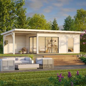 Palmako Andrea 5.95m x 3m Double Glazed Contemporary Log Cabin with Gazebo Sliding Doors Plus (44mm) by Buy Sheds Direct