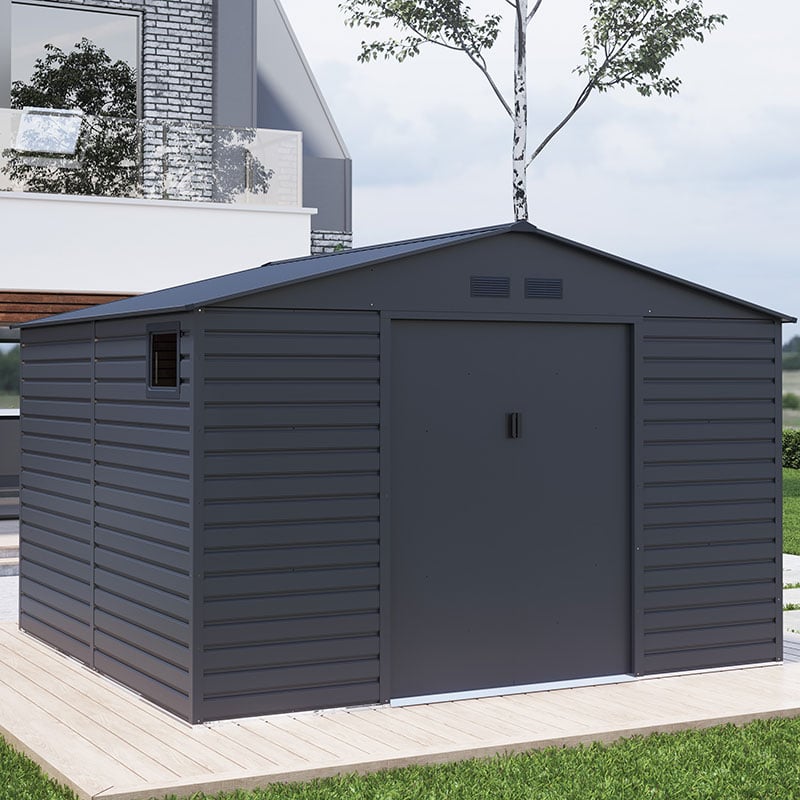 11' x 11' Lotus Hypnos Apex Metal Shed - Grey (3.41m x 3.22m) by Buy Sheds Direct