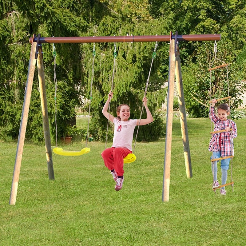 Trigano Piki Kids Wooden Double Garden Swing with Rope Ladder by Buy Sheds Direct