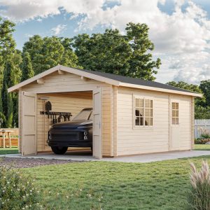 Palmako Roger 3.6m x 5.5m Log Cabin Single Garage (44mm) - Double Doors by Buy Sheds Direct