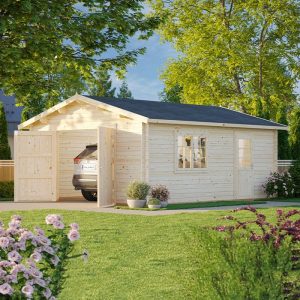 Palmako Roger 4.5m x 5.5m Extra Wide Log Cabin Single Garage (44mm) - Double Doors by Buy Sheds Direct
