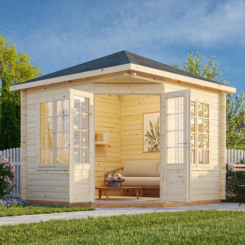 Palmako Melanie 2.8m x 2.8m Corner Log Cabin Summerhouse (28mm) by Buy Sheds Direct