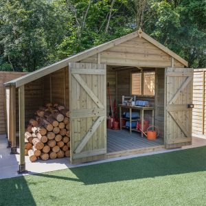 10' x 8' Forest Timberdale 25yr Guarantee Tongue & Groove Pressure Treated Double Door Apex Shed with Logstore (3.07m x 2.36m) by Buy Sheds Direct