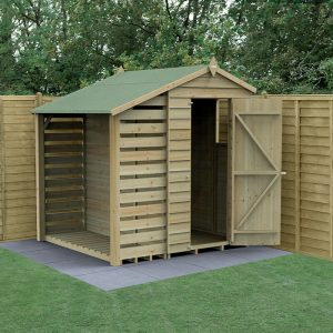 6' x 4' Forest 4Life 25yr Guarantee Overlap Pressure Treated Apex Wooden Shed with Logstore (1.88m x 2m) by Buy Sheds Direct