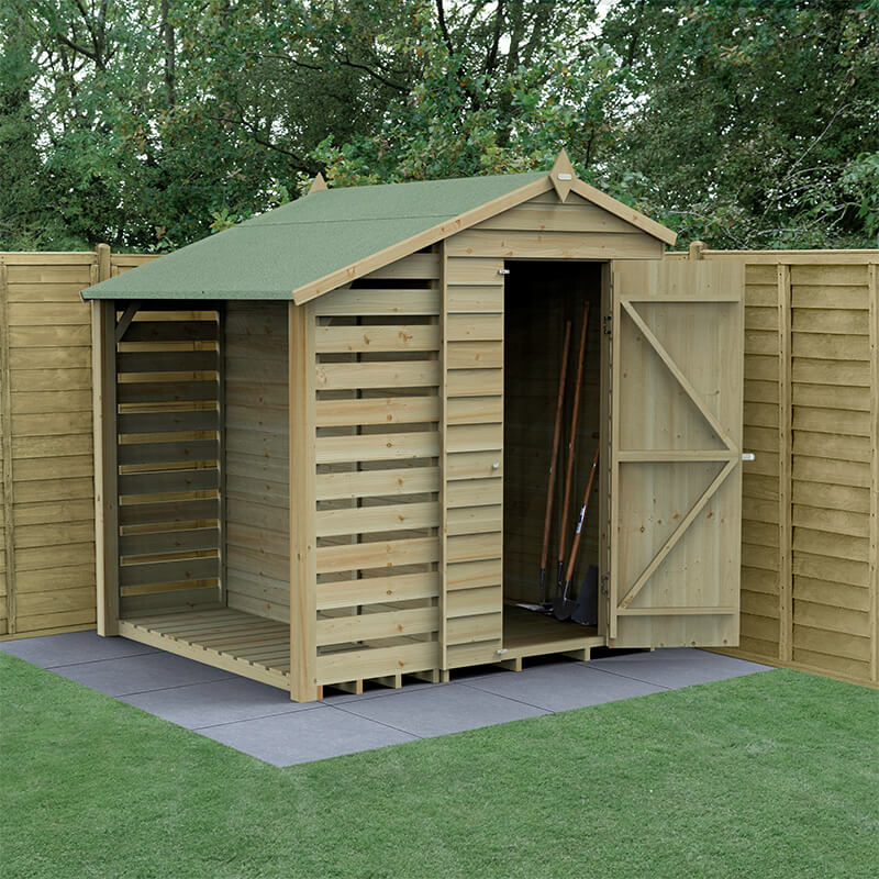 6' x 4' Forest 4Life 25yr Guarantee Overlap Pressure Treated Windowless Apex Wooden Shed with Logstore (1.88m x 2m) by Buy Sheds Direct