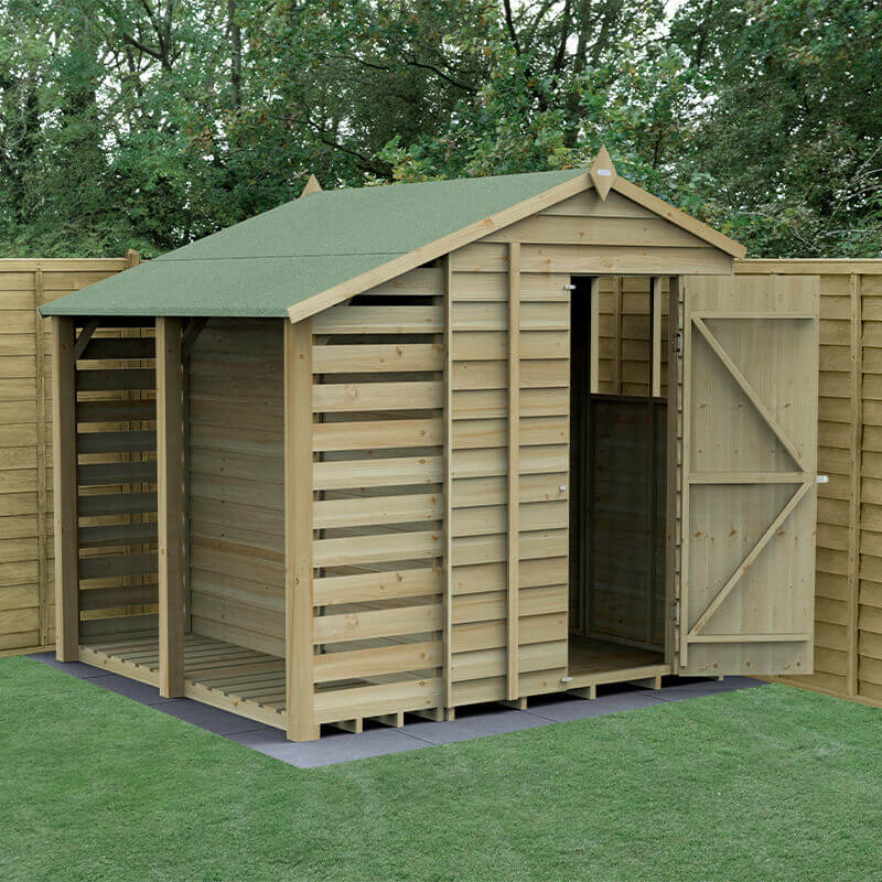 7' x 5' Forest 4Life 25yr Guarantee Overlap Pressure Treated Apex Wooden Shed with Logstore (2.18m x 2.31m) by Buy Sheds Direct