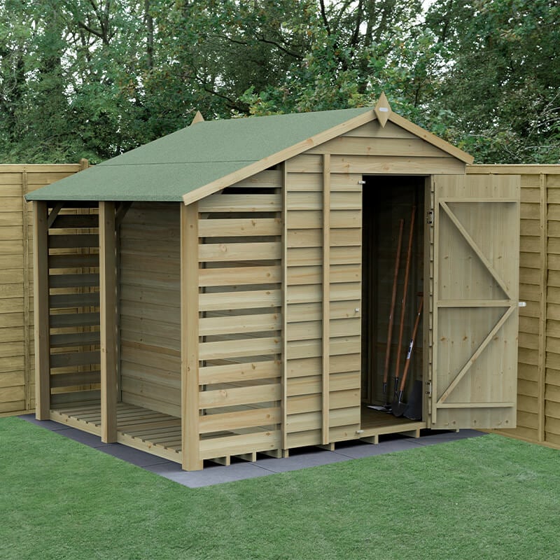 7' x 5' Forest 4Life 25yr Guarantee Overlap Pressure Treated Windowless Apex Wooden Shed with Logstore (2.18m x 2.31m) by Buy Sheds Direct