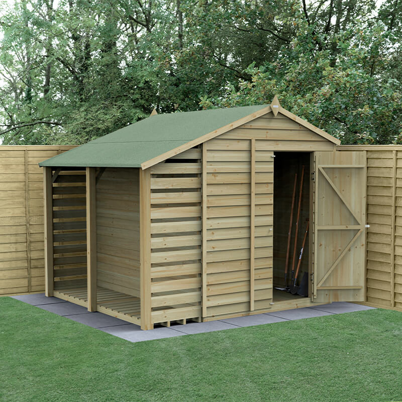 8' x 6' Forest 4Life 25yr Guarantee Overlap Pressure Treated Windowless Apex Wooden Shed with Logstore (2.42m x 2.64m) by Buy Sheds Direct