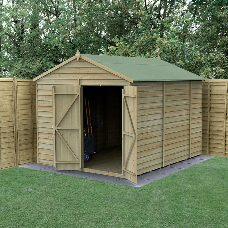 10' x 8' Forest 4Life 25yr Guarantee Overlap Pressure Treated Windowless Double Door Apex Wooden Shed (3.01m x 2.61m) by Buy Sheds Direct