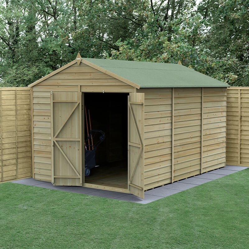 12' x 8' Forest 4Life 25yr Guarantee Overlap Pressure Treated Windowless Double Door Apex Wooden Shed (3.6m x 2.61m) by Buy Sheds Direct