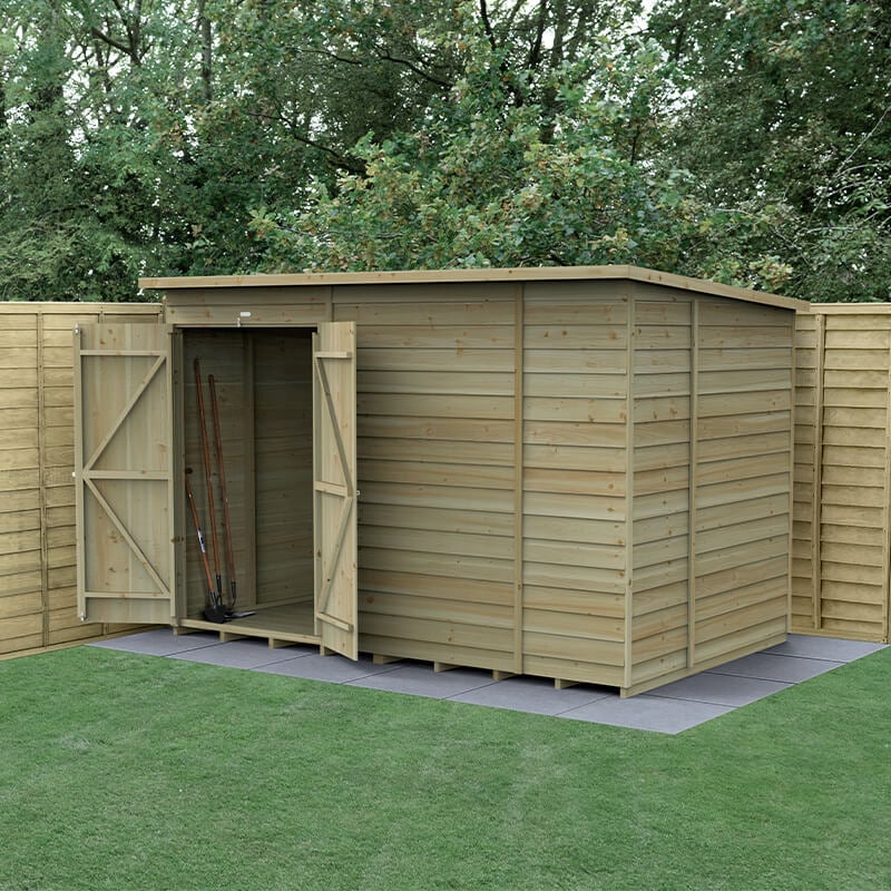 10' x 6' Forest 4Life 25yr Guarantee Overlap Pressure Treated Windowless Double Door Pent Wooden Shed (3.11m x 2.04m) by Buy Sheds Direct