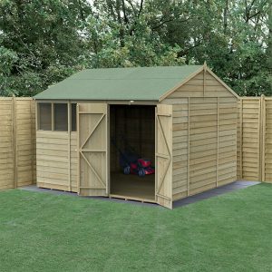 10' x 10' Forest 4Life 25yr Guarantee Overlap Pressure Treated Double Door Reverse Apex Wooden Shed - 4 Windows (3.21m x 3.01m) by Buy Sheds Direct