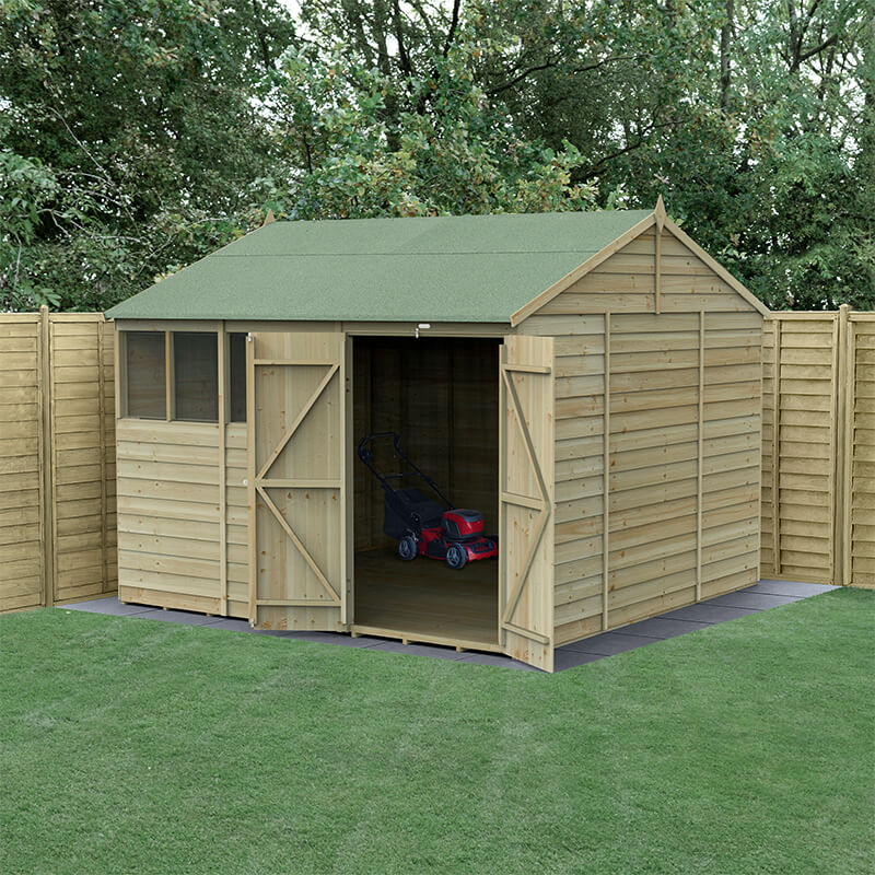 10' x 10' Forest 4Life 25yr Guarantee Overlap Pressure Treated Double Door Reverse Apex Wooden Shed - 4 Windows (3.21m x 3.01m) by Buy Sheds Direct