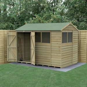 10' x 6' Forest 4Life 25yr Guarantee Overlap Pressure Treated Double Door Reverse Apex Wooden Shed - 4 Windows (3.01m x 1.99m) by Buy Sheds Direct