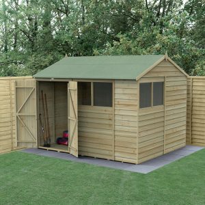 10' x 8' Forest 4Life 25yr Guarantee Overlap Pressure Treated Double Door Reverse Apex Wooden Shed - 4 Windows (3.01m x 2.61m) by Buy Sheds Direct