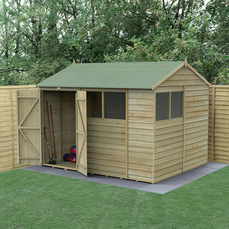 10' x 8' Forest 4Life 25yr Guarantee Overlap Pressure Treated Double Door Reverse Apex Wooden Shed - 4 Windows (3.01m x 2.61m) by Buy Sheds Direct