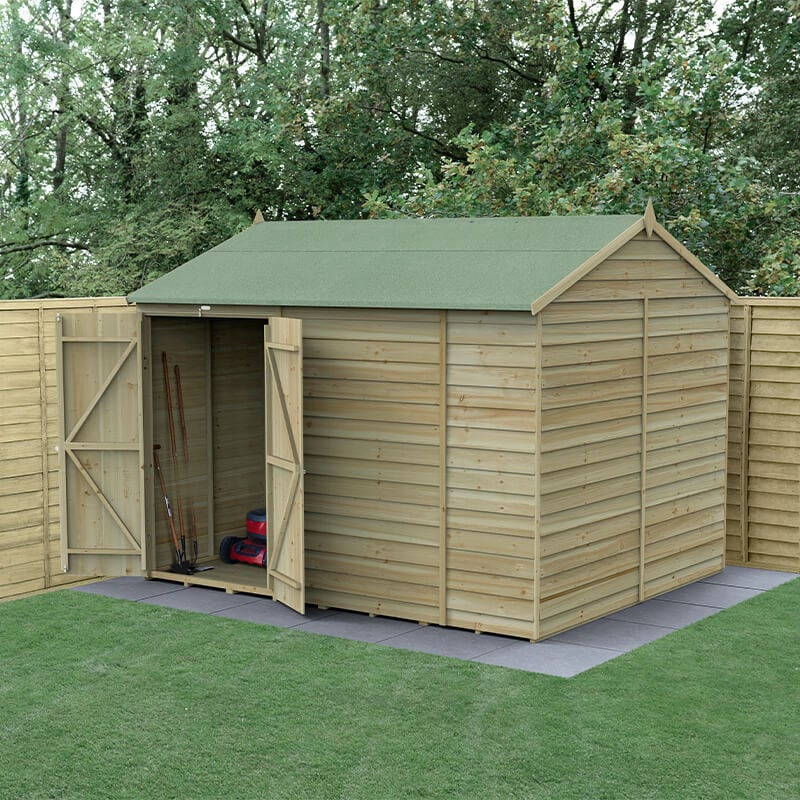 10' x 8' Forest 4Life 25yr Guarantee Overlap Pressure Treated Windowless Double Door Reverse Apex Wooden Shed (3.01m x 2.61m) by Buy Sheds Direct