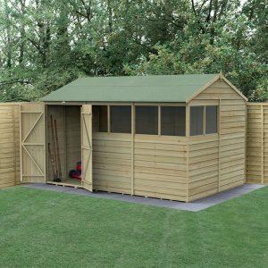 12' x 8' Forest 4Life 25yr Guarantee Overlap Pressure Treated Double Door Reverse Apex Wooden Shed - 6 Windows (3.6m x 2.61m) by Buy Sheds Direct