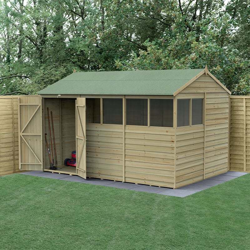 12' x 8' Forest 4Life 25yr Guarantee Overlap Pressure Treated Double Door Reverse Apex Wooden Shed - 6 Windows (3.6m x 2.61m) by Buy Sheds Direct
