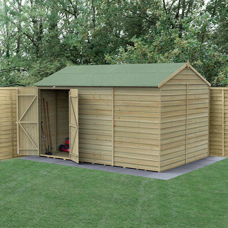 12' x 8' Forest 4Life 25yr Guarantee Overlap Pressure Treated Windowless Double Door Reverse Apex Wooden Shed (3.6m x 2.61m) by Buy Sheds Direct