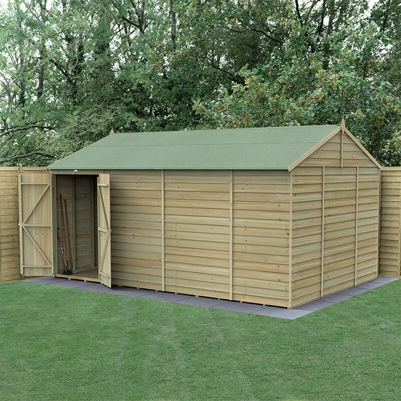 15' x 10' Forest 4Life 25yr Guarantee Overlap Pressure Treated Windowless Double Door Reverse Apex Wooden Shed (4.48m x 3.21m) by Buy Sheds Direct
