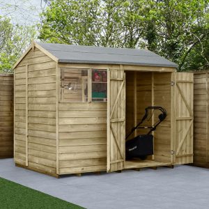 8' x 6' Forest 4Life 25yr Guarantee Overlap Pressure Treated Double Door Reverse Apex Wooden Shed (2.42m x 1.99m) by Buy Sheds Direct