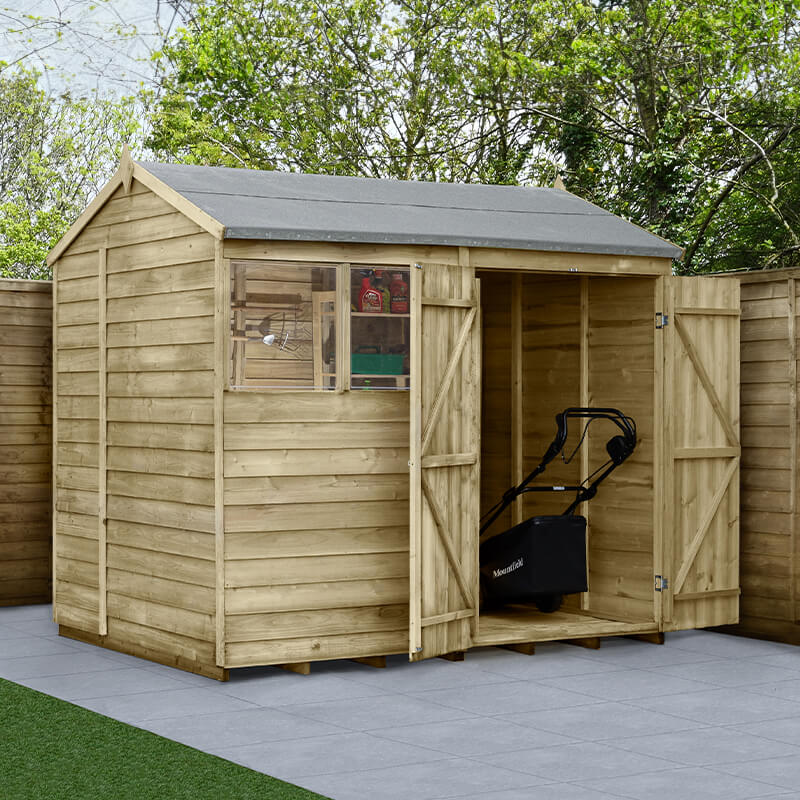 8' x 6' Forest 4Life 25yr Guarantee Overlap Pressure Treated Double Door Reverse Apex Wooden Shed (2.42m x 1.99m) by Buy Sheds Direct