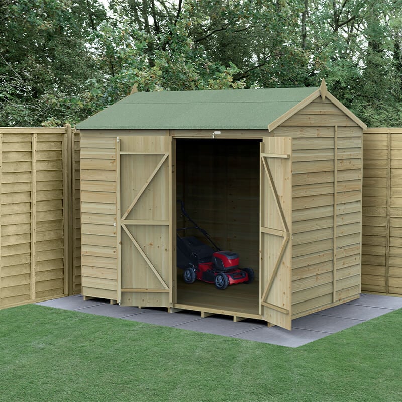 8' x 6' Forest 4Life 25yr Guarantee Overlap Pressure Treated Windowless Double Door Reverse Apex Wooden Shed (2.42m x 1.99m) by Buy Sheds Direct