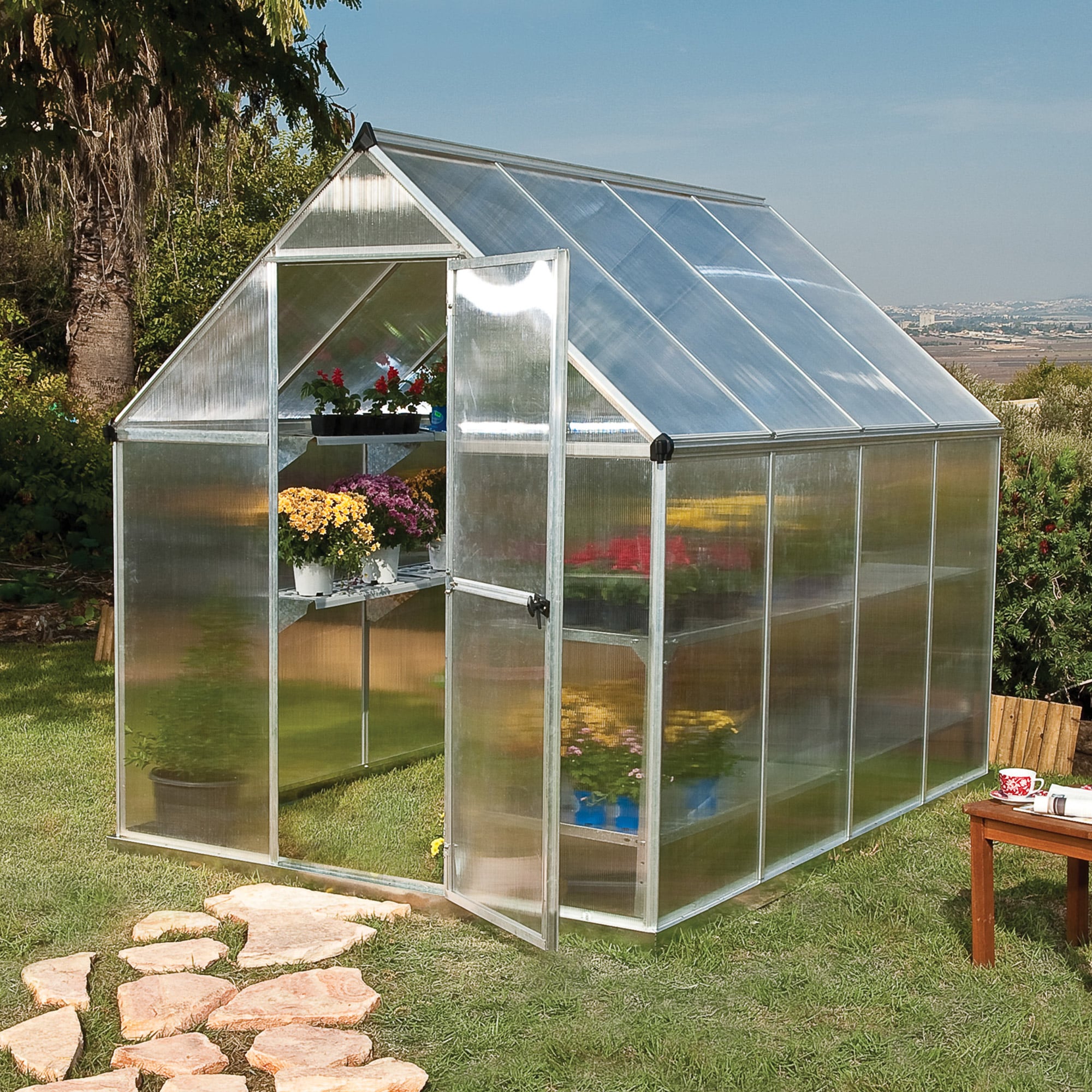 6'x8' Palram Canopia Mythos Walk In Silver Polycarbonate Greenhouse (1.8x2.4m) by Buy Sheds Direct