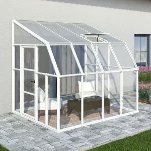 8'x8' Palram Canopia Rion White Sun Room Walk In Wall Greenhouse (2.4x2.4m) by Buy Sheds Direct