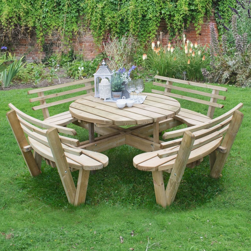 Forest Circular Wooden Garden Picnic Table with Seat Backs 8x8 (2.4x2.4m) by Buy Sheds Direct