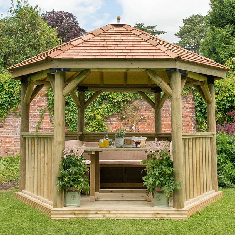 12'x10' (3.6x3.1m) Luxury Wooden Furnished Garden Gazebo with New England Cedar Roof - Seats up to 10 people by Buy Sheds Direct