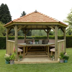 15'x13' (4.7x4m) Luxury Wooden Furnished Garden Gazebo with New England Cedar Roof - Seats up to 19 people by Buy Sheds Direct