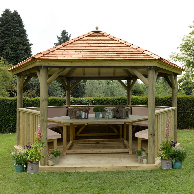 15'x13' (4.7x4m) Luxury Wooden Furnished Garden Gazebo with New England Cedar Roof - Seats up to 19 people by Buy Sheds Direct