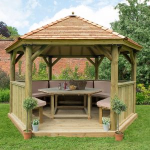 13'x12' (4x3.5m) Luxury Wooden Furnished Garden Gazebo with New England Cedar Roof - Seats up to 15 people by Buy Sheds Direct
