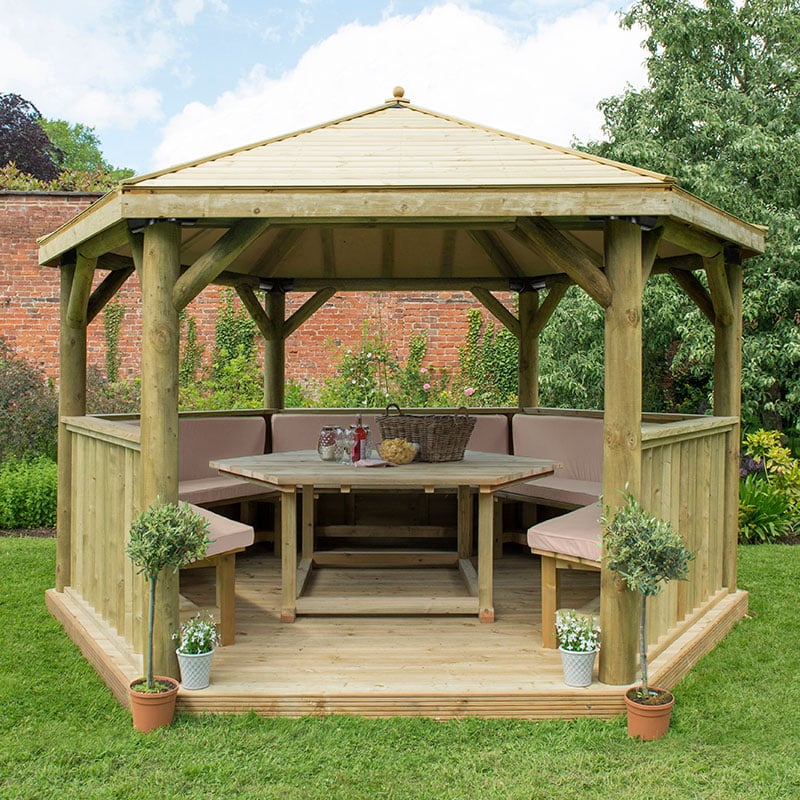 13'x12' (4x3.5m) Luxury Wooden Furnished Garden Gazebo with Traditional Timber Roof - Seats up to 15 people by Buy Sheds Direct