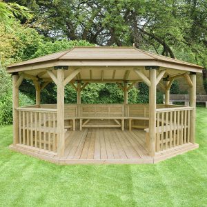 17'x12' (5.1x3.6m) Premium Oval Furnished Wooden Garden Gazebo with Timber Roof - Seats up to 22 people by Buy Sheds Direct