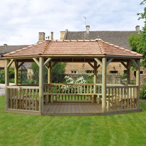 20'x15' (6x4.7m) Premium Oval Furnished Wooden Garden Gazebo with New England Cedar Roof - Seats up to 27 people by Buy Sheds Direct