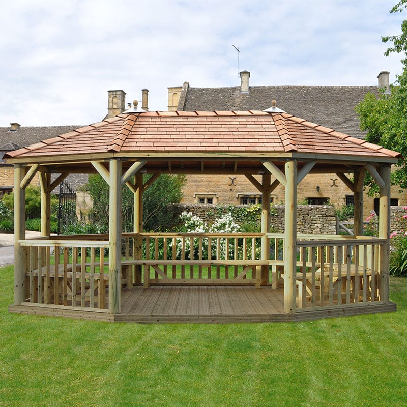 20'x15' (6x4.7m) Premium Oval Furnished Wooden Garden Gazebo with New England Cedar Roof - Seats up to 27 people by Buy Sheds Direct