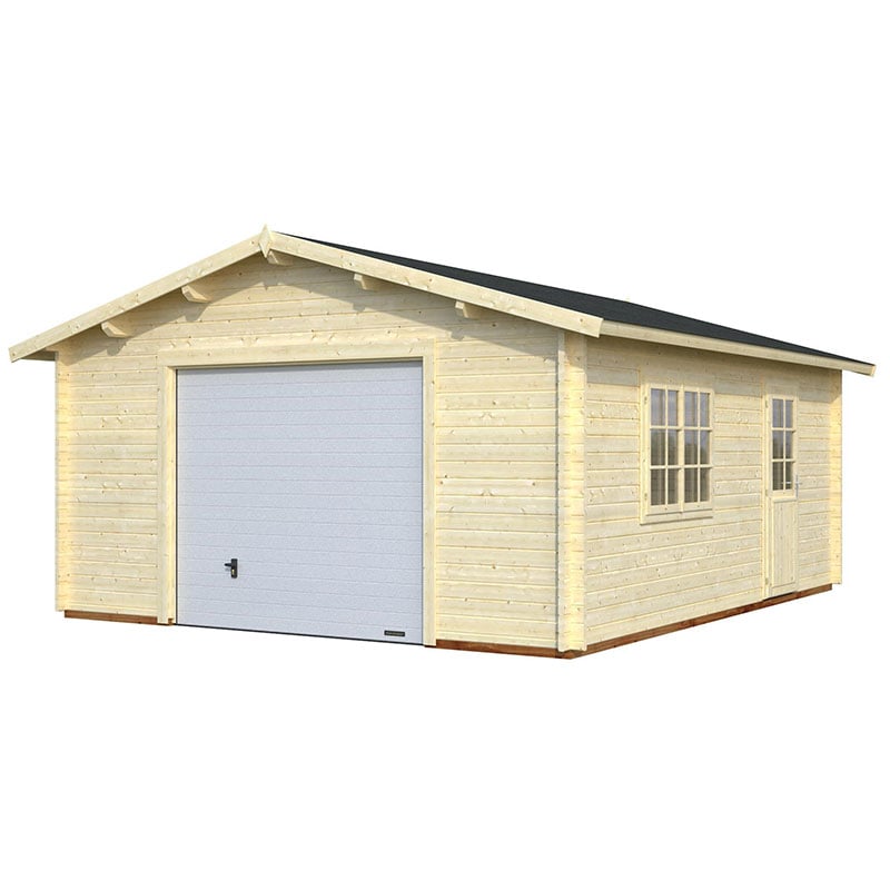 Palmako Roger 4.5m x 5.5m Extra Wide Log Cabin Single Garage (44mm) - Up and Over Door by Buy Sheds Direct