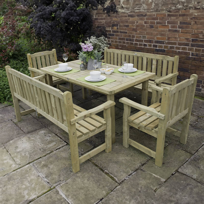 Forest Rosedene Wooden Garden Table, Benches and Chairs Set 8'9 x 6'2 (2.66m x 1.87m) by Buy Sheds Direct