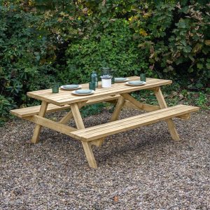 Forest Large Rectangular Wooden Garden Picnic Table 5â11 x 5â3 (1.8m x 1.6m) by Buy Sheds Direct