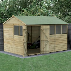 12' x 8' Forest Beckwood 25yr Guarantee Shiplap Pressure Treated Double Door Reverse Apex Wooden Shed (3.6m x 2.61m) by Buy Sheds Direct