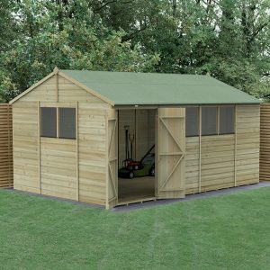 15' x 10' Forest Beckwood 25yr Guarantee Shiplap Pressure Treated Double Door Reverse Apex Wooden Shed (4.48m x 3.21m) by Buy Sheds Direct