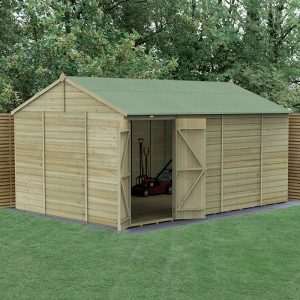 15' x 10' Forest Beckwood 25yr Guarantee Shiplap Pressure Treated Windowless Double Door Reverse Apex Wooden Shed (4.48m x 3.21m) by Buy Sheds Direct